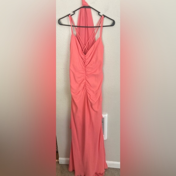 Vintage Jessica McClintock Salmon Pink Maxi Dress Size 10 With Scarf - Picture 3 of 6